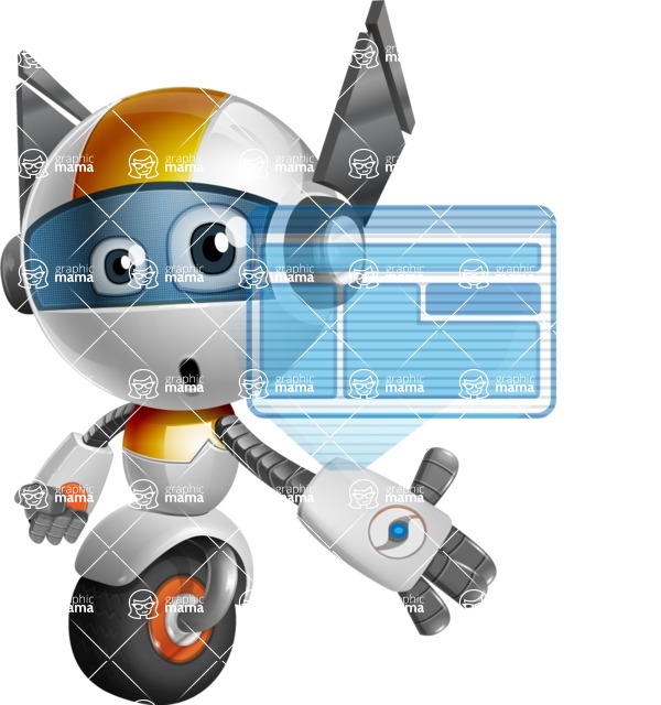 Cute robot cartoon character - 112 stock vector images - Cute robot cartoon character presenting multimedia on a hologram - stock vector graphic image